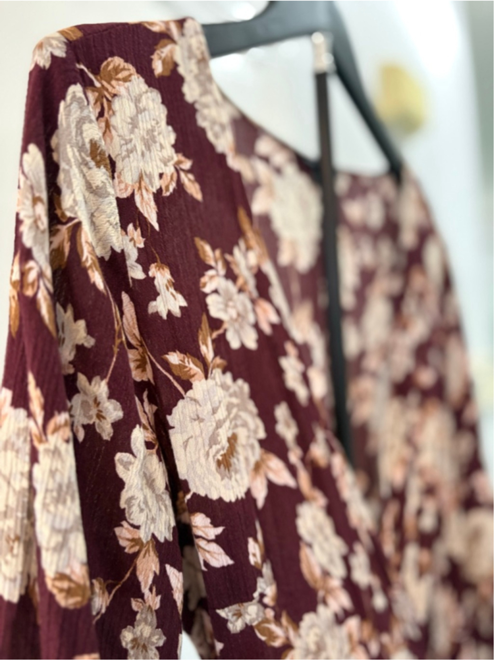 American Eagle Outfitters Long Sleeve Wrap Dress L Burgundy Beige Floral - Picture 4 of 9